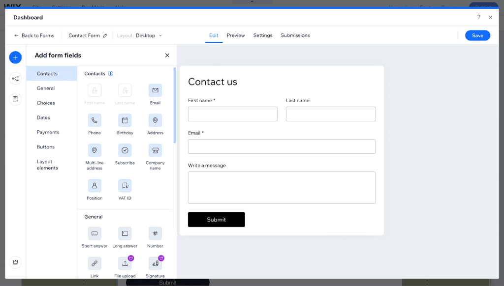 A screenshot of a contact form created with Wix&rsquo;s built-in form editor.