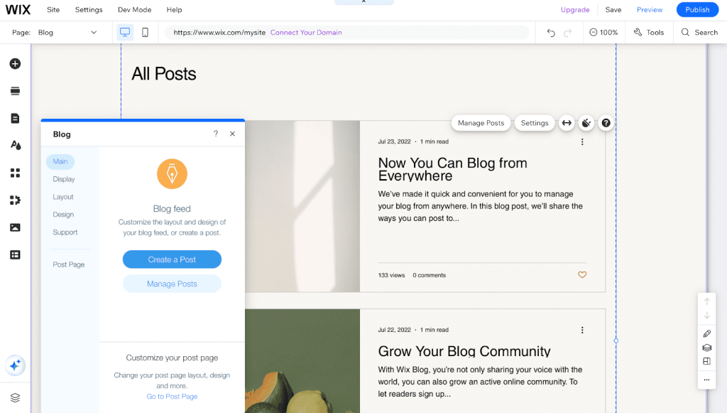 A screenshot of the blog functionality in the Wix website builder.