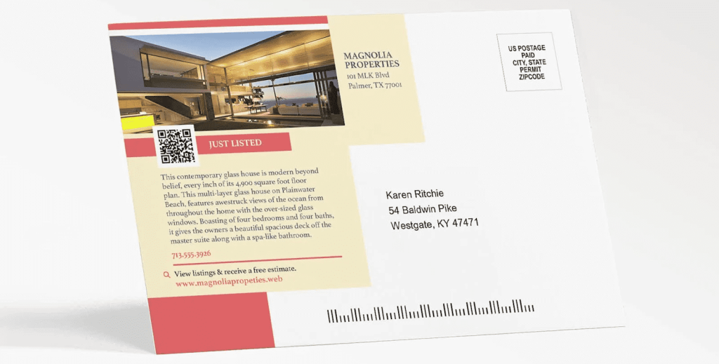Direct mail postcard for a real estate business.