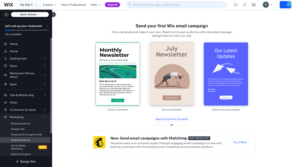 A screenshot of the email marketing section in the Wix dashboard.