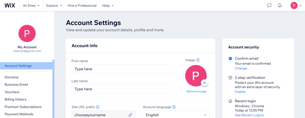 The process of setting up an account in Wix.