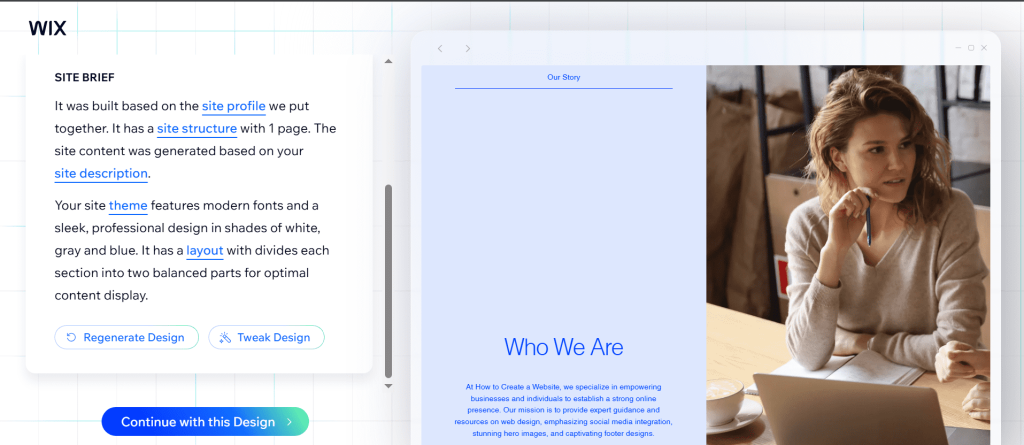 Wix AI website design functionality.
