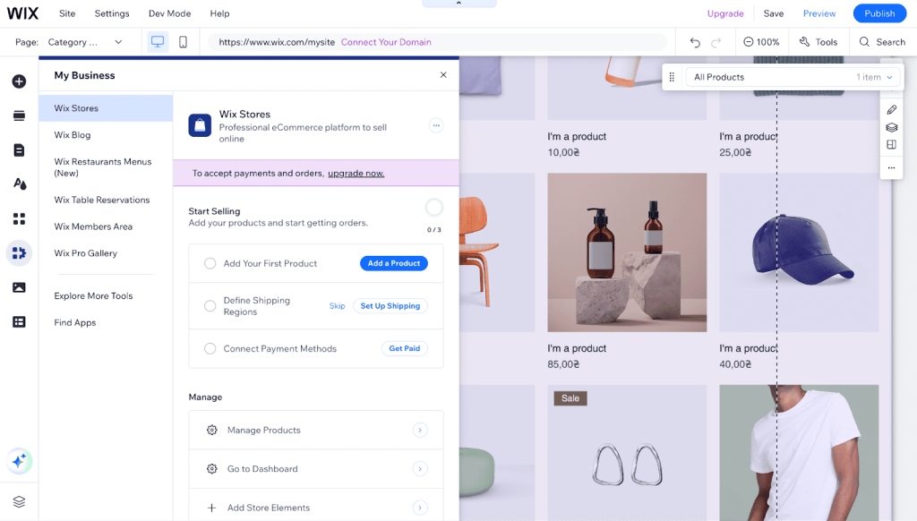 A screenshot of the Wix e-commerce functionality.
