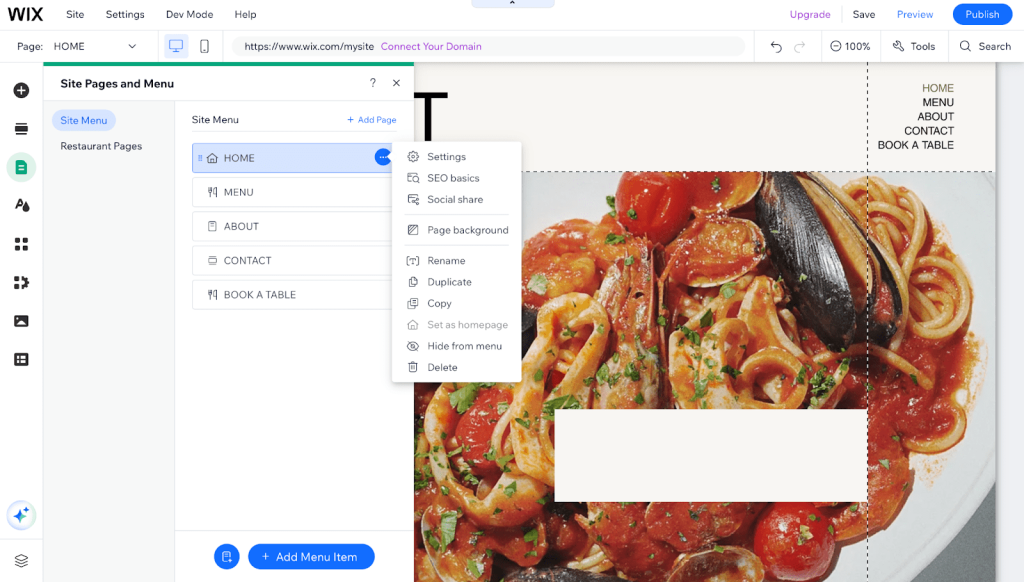Site menu management in the Wix editor.