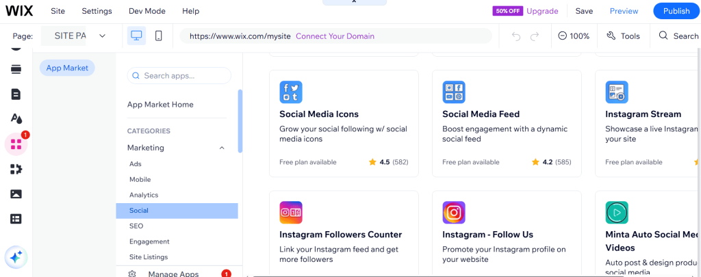A screenshot of the social media functionality in Wix.