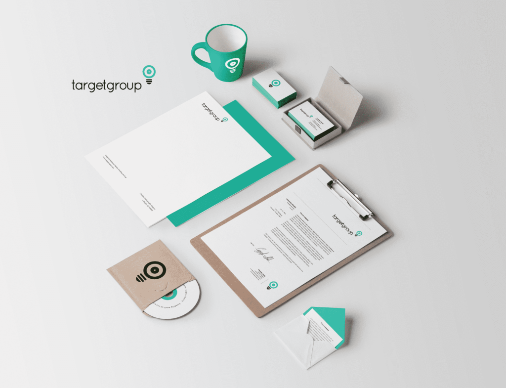 Branding examples with logo on different materials.