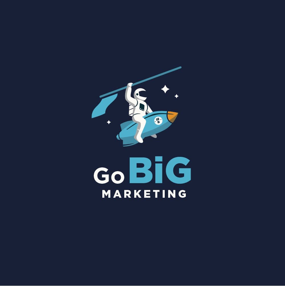 Logo with astronaut riding rocket.