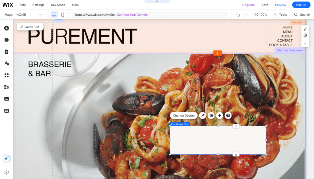 Interface of the Wix drag-and-drop website builder.