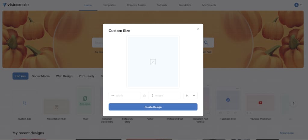 VistaCreate homepage featuring custom size window