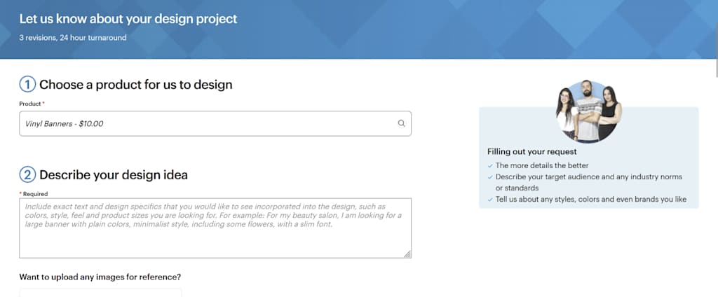 VistaPrint designer brief web page