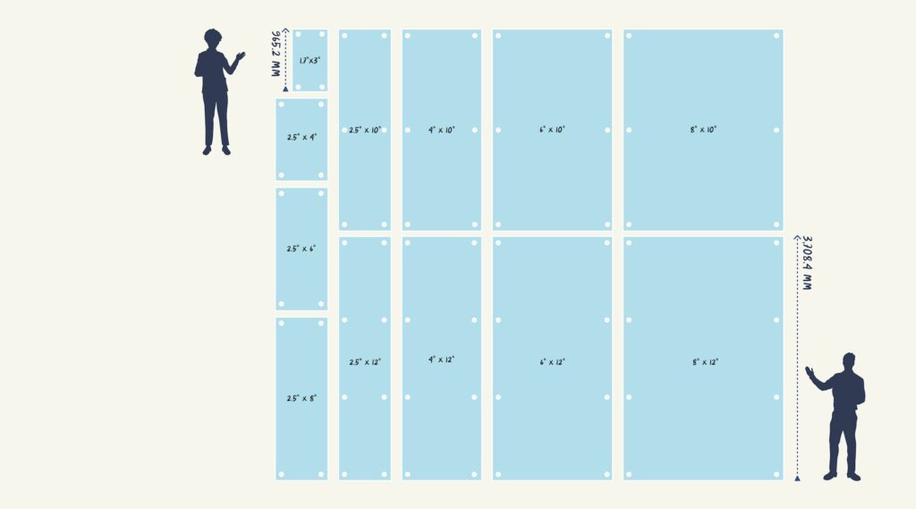 Diagram of an array of vertical hanging banners and their sizes or measurements