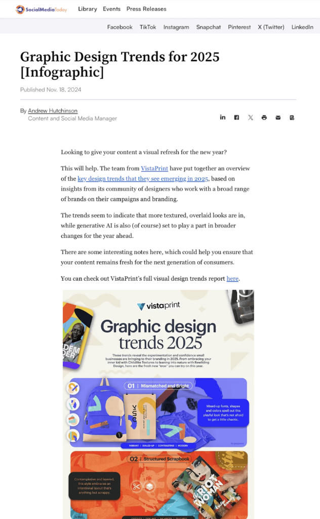 SocialMediaToday blog promoting the VistaPrint Graphic design trends 2025 infographic.