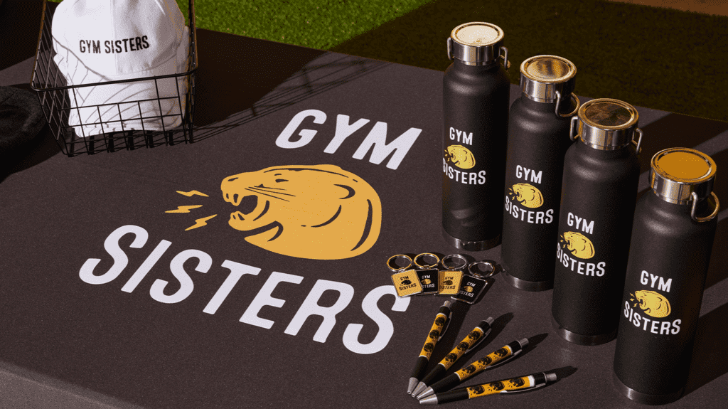 Logo printed on promotional products like water bottles, hats, and pens