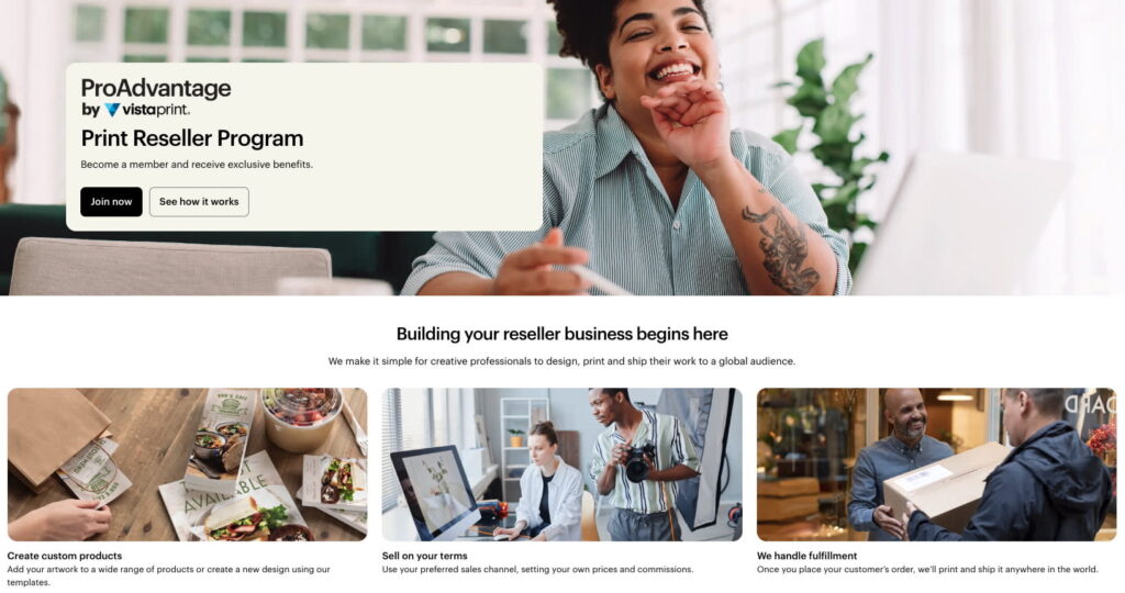 A webpage showing VistaPrint Reseller's programme overview and advantages.