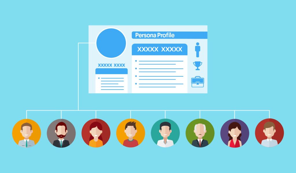 An illustration demonstrating multiple persona icons being candidates for a user persona template (positioned above the row of illustrated profiles).