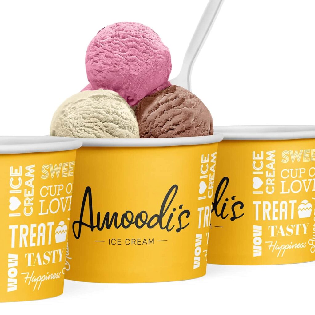 A product packaging design featuring bright and sunny colors for Amoodi&rsquo;s ice cream company.