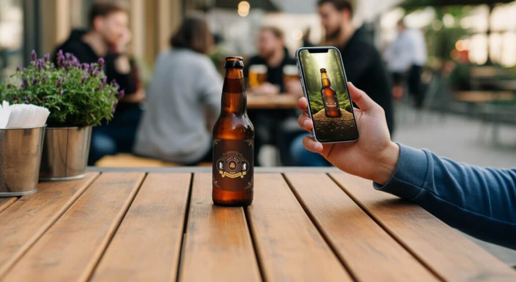 An image of a hand holding a phone in front of a bottle of beer on an outdoor bar or cafe table. The screen of the phone shows AR capabilities triggered by the beer label - the screen is showing the beer bottle in a forest environment