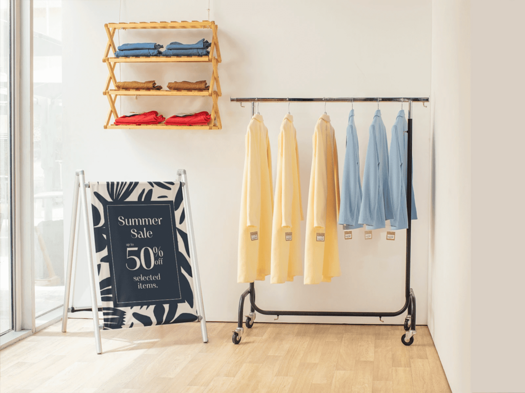 27" x 47" A-frame sign by a clothing selection.