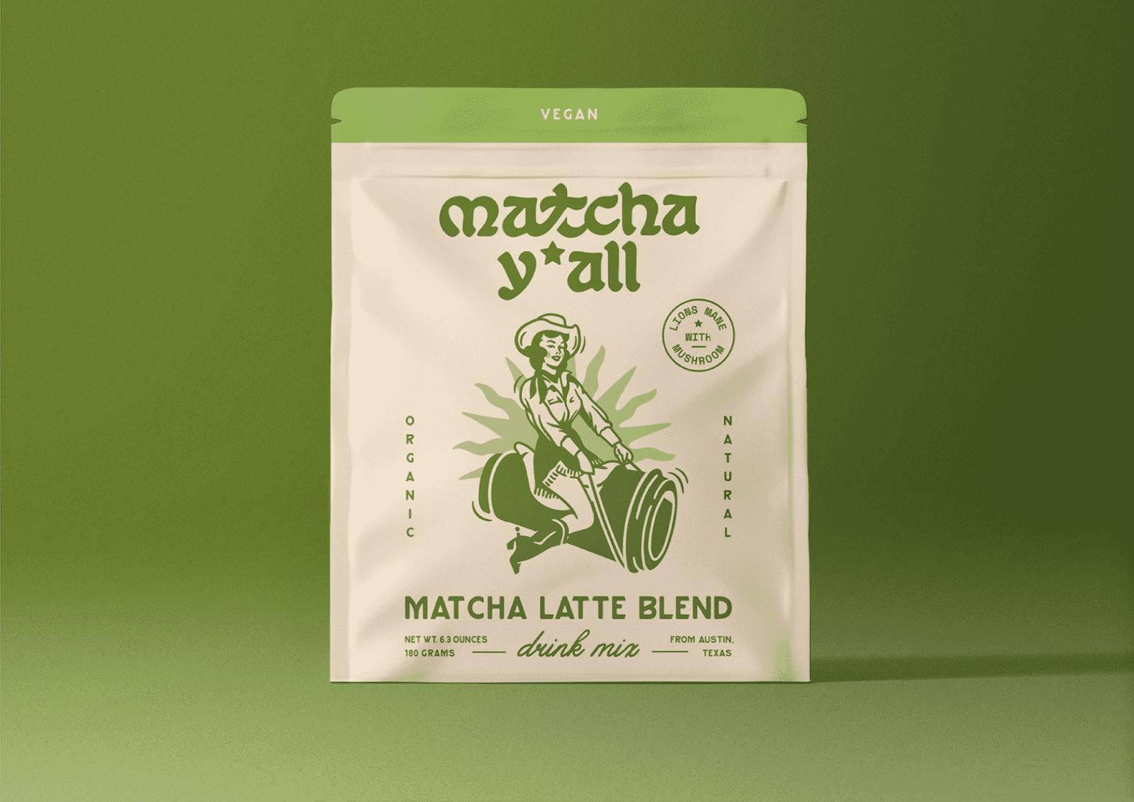 Retro-inspired matcha brand packaging design that uses stylized fonts.
