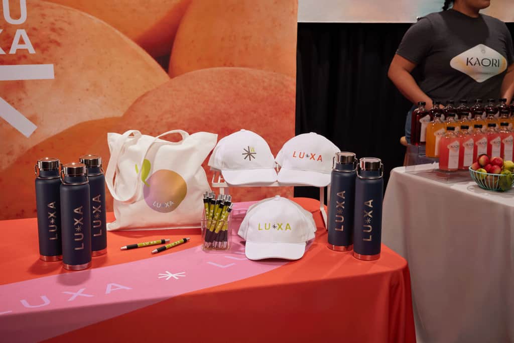 Branded swag displayed at a small business trade show