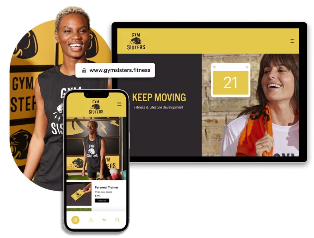 multi-device display of a black and gold gym app