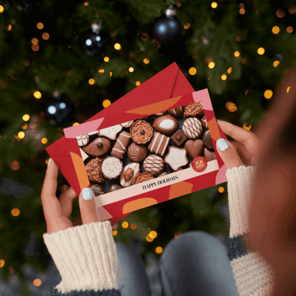 ‘Happy Holidays’ postcard with chocolates on
