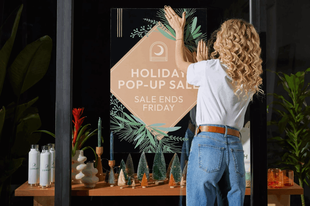 Holiday window decal decorating a store window