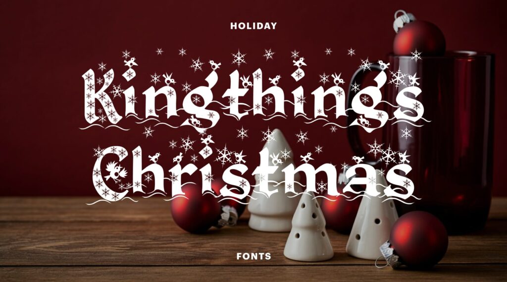 Gothic Kingthings Christmas font with falling snowflakes