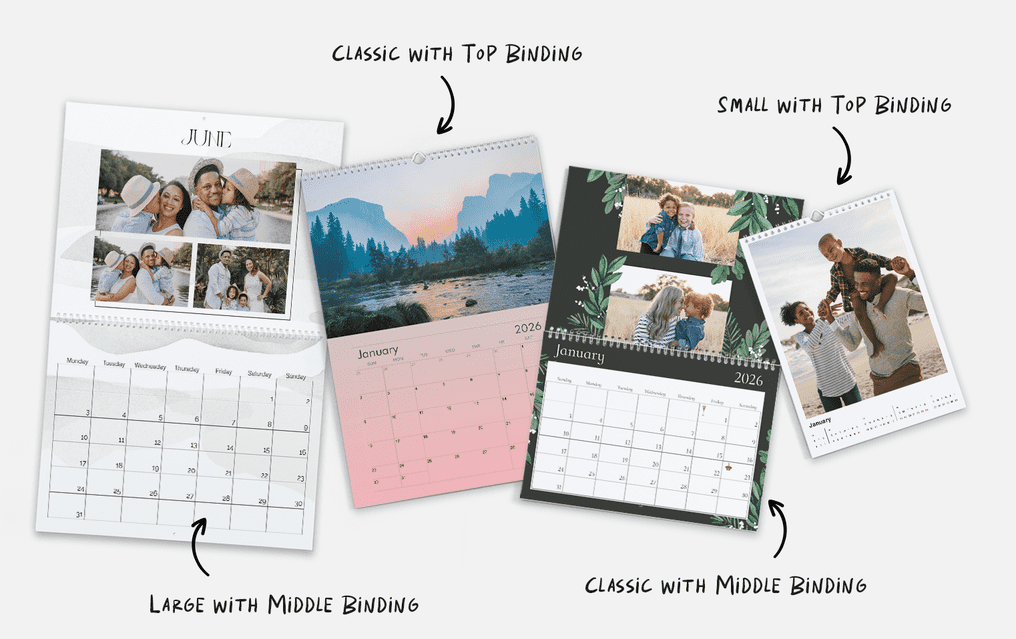 Examples of wall photo calendars in the four most popular styles