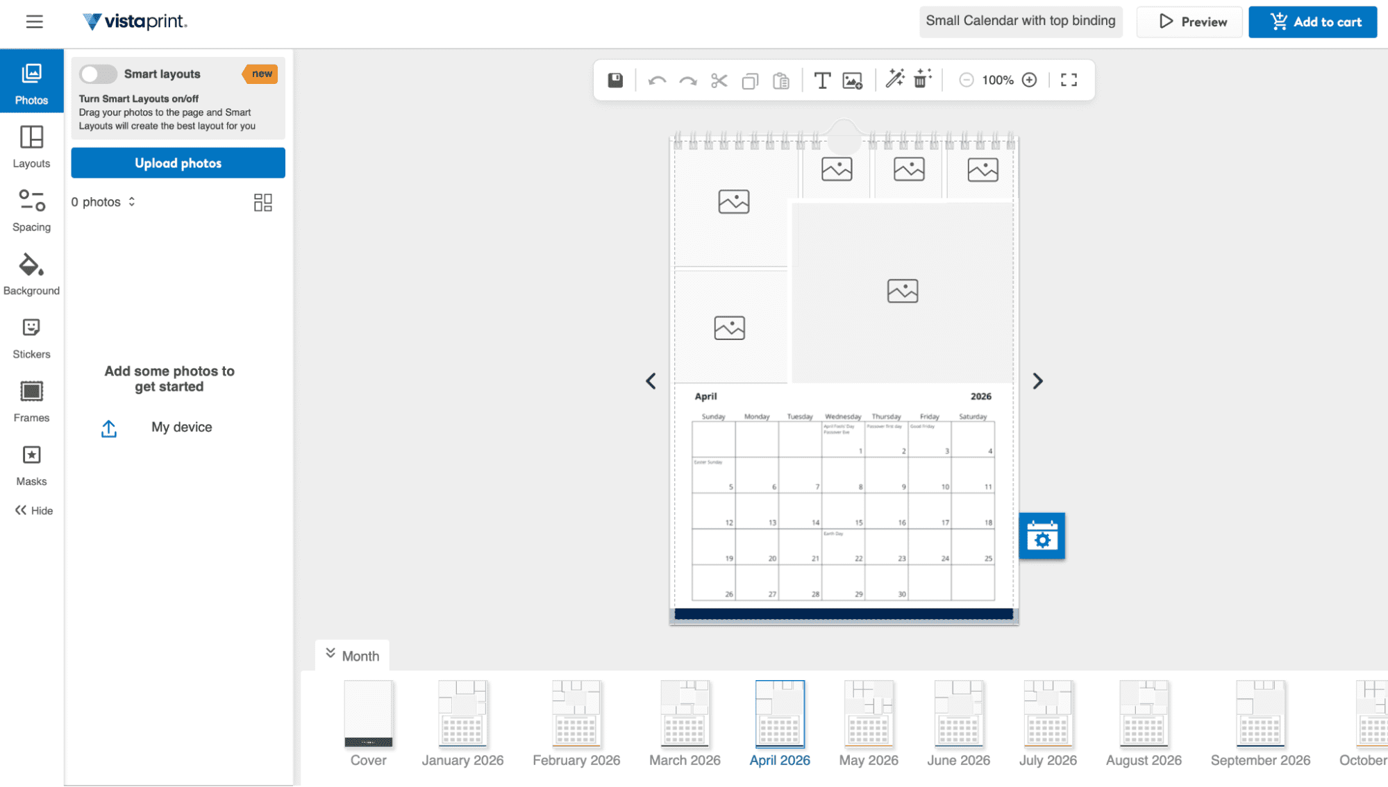 A screenshot of the VistaPrint built-in editor for how to create a photo calendar