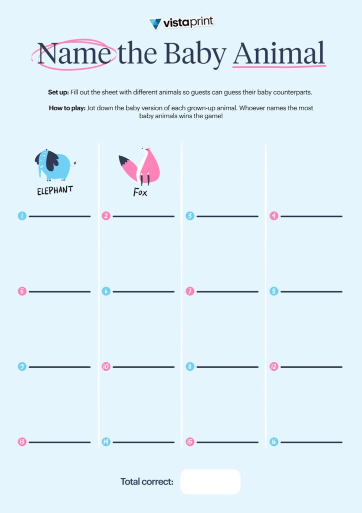 name the baby animal virtual baby shower game