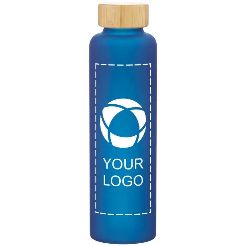 blue glass water bottle with a bamboo lid