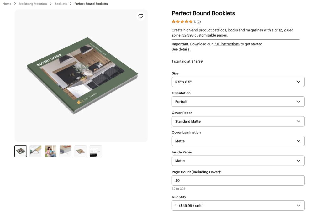 A screenshot of the booklet product page on the VistaPrint website with the booklet choices made