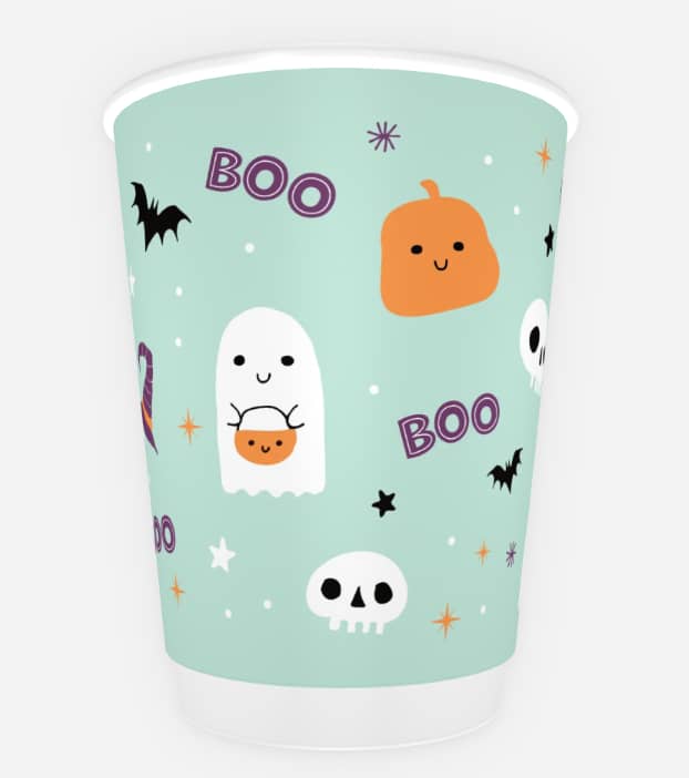 Fall marketing ideas for small business can include custom cups like this teal paper cup decorated with cute Halloween artwork in purple, black and orange.