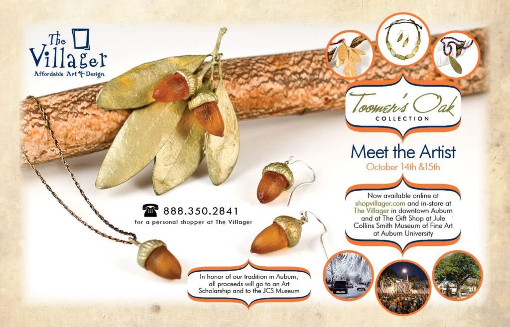 Example of fall promotion community events includes a picture of fine jewelry sets inspired by acorns and other fall flora