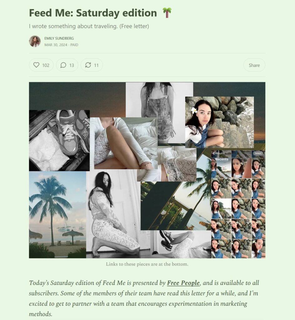 A screenshot of the Feed Me newsletter sponsored by Free People, an example of the Long-Form Influencer Marketing trend