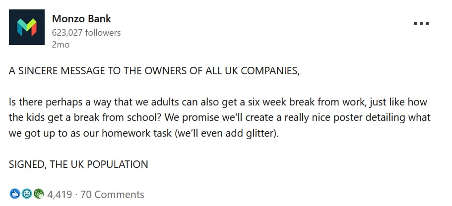 A screenshot of a Monzo Bank LinkedIn post that exemplifies the Radical Self-Awareness digital marketing trend 2026