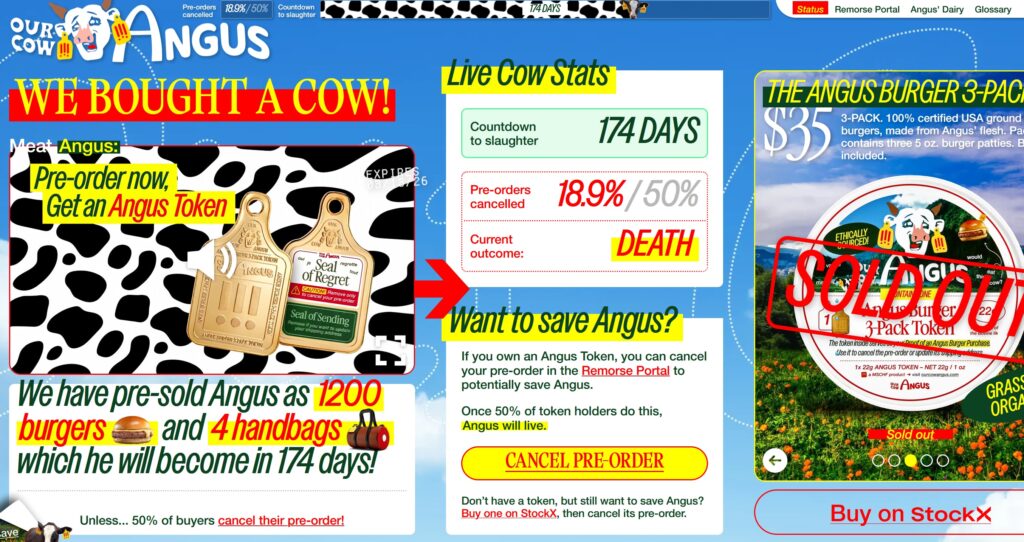 A screenshot of the Our Cow Angus website, a MSCHF&rsquo;s Our Cow Angus marketing campaign&mdash;an example of the Reactive Absurdism digital marketing trend 2026