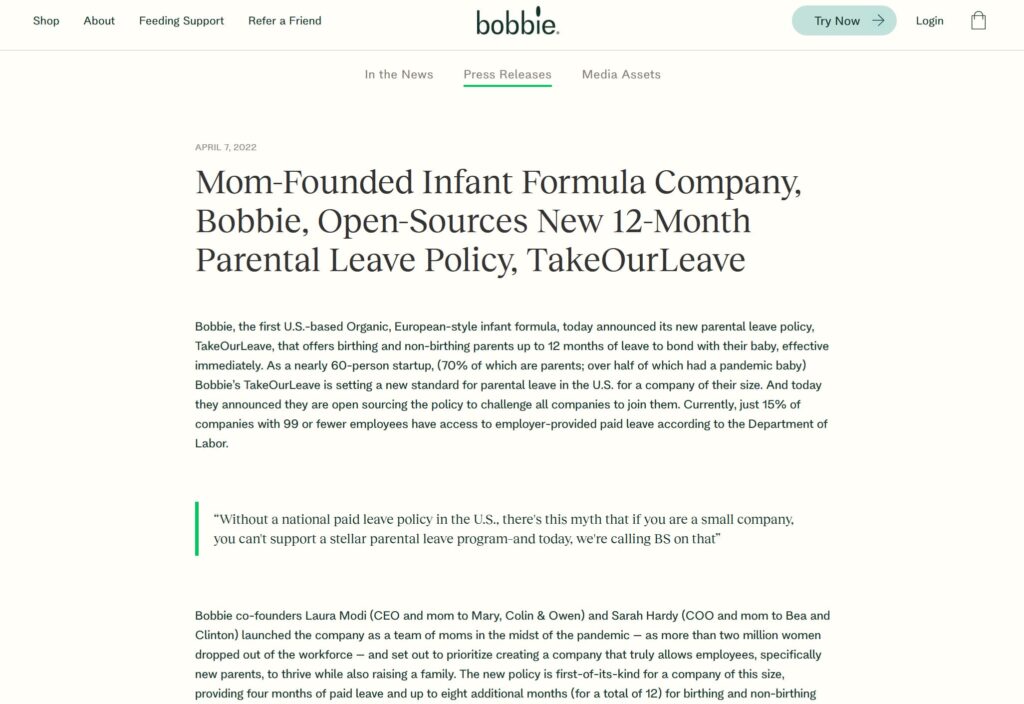 A screenshot of the press release about open-sourcing the TakeOurLeave parental leave policy from Bobbie, an example of the Show Your Receipts marketing trend 2026