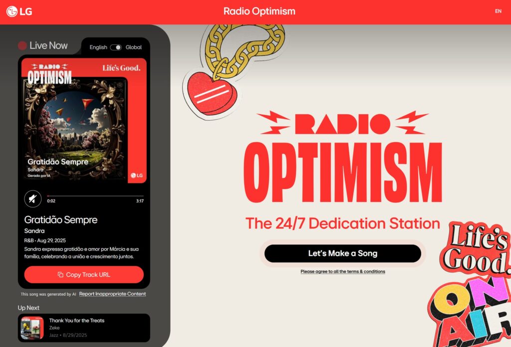 A screenshot of LG&rsquo;s Radio Optimism website for creating AI-generated songs, an example of the Unexpected AI marketing trend 2026