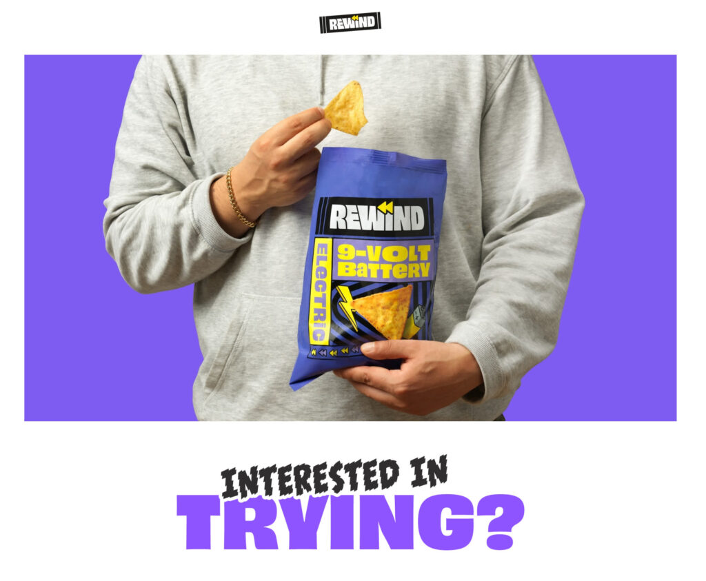 A screenshot of the Rewind landing page promoting their 9-volt battery-flavored chips drop&mdash;an example of the Reactive Absurdism digital marketing trend 2026