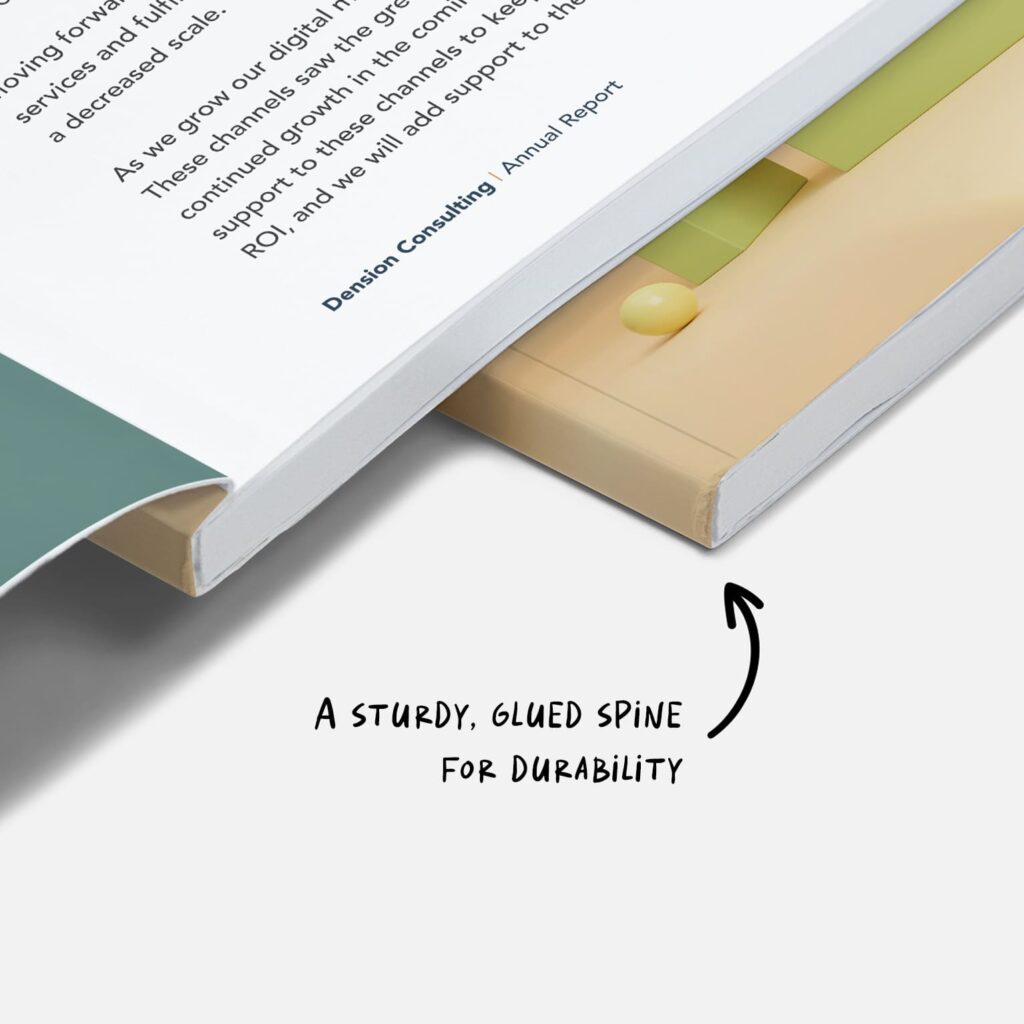 A sturdy, glued spine of a perfect bound booklet