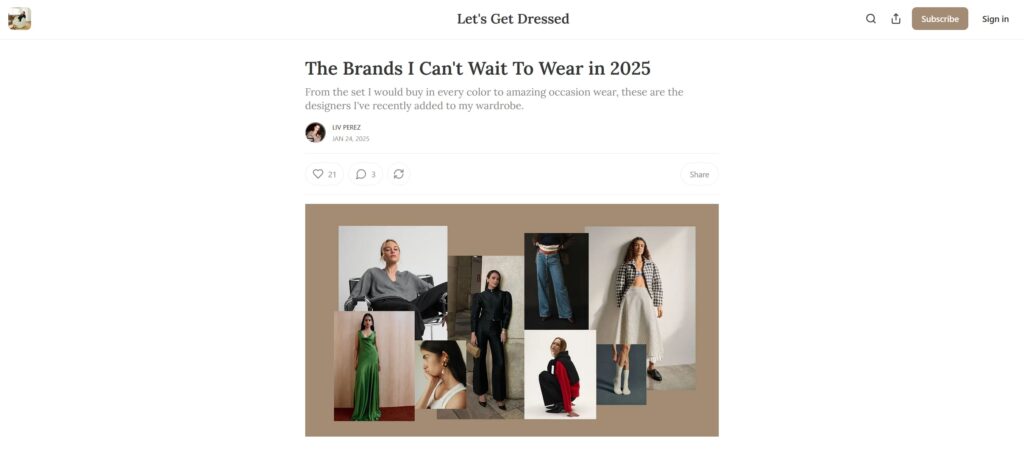 A screenshot of a Substack article from a fashion influencer, an example of the Long-Form Influencer Marketing trend