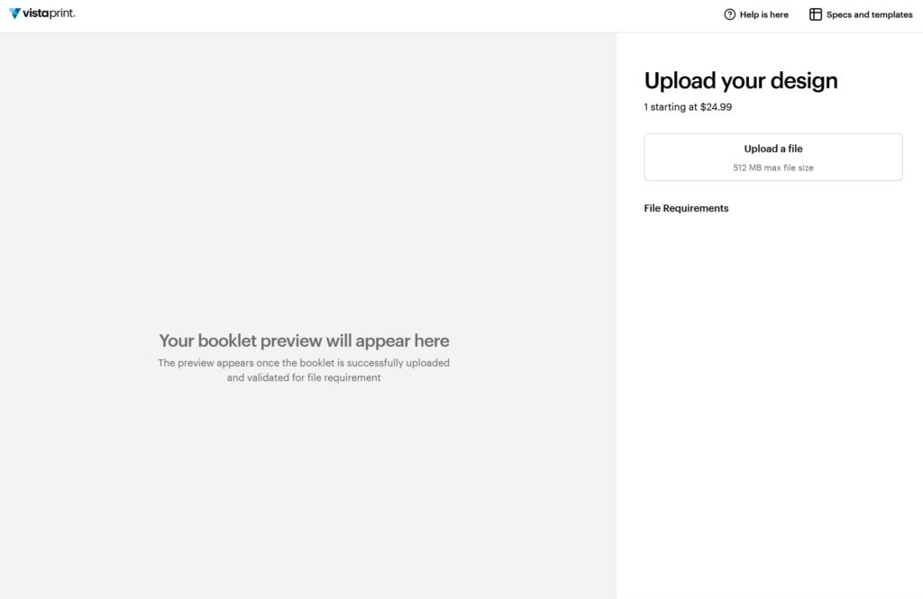 A screenshot of the booklet file upload page on the VistaPrint website