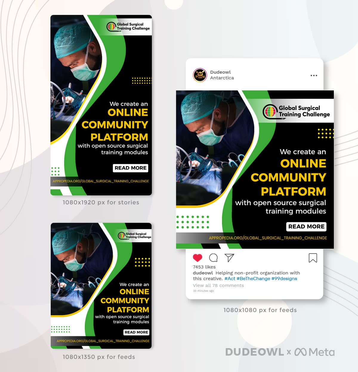 Digital ad designs for the Global Surgical Training Challenge showing a surgeon with text: &ldquo;We create an online community platform with open-source surgical training modules.&rdquo;
