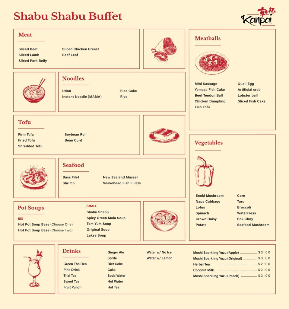Buffet restaurant menu design with items grouped by food category