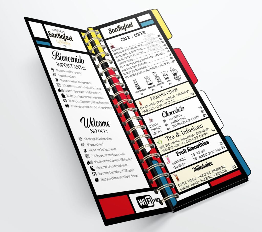 Cafe menu design that combines brand colors and cubist patterns