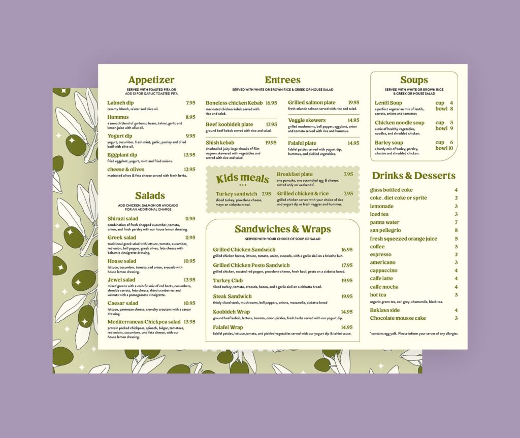 Mediterranean restaurant menu design that uses easy-to-read fonts
