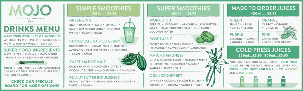 Menu design for a health juice bar that uses a green color palette