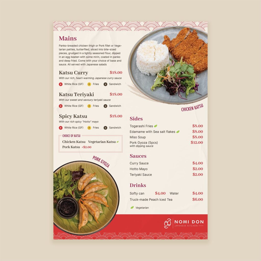 Japanese food truck menu design that combines copy with photos of dishes